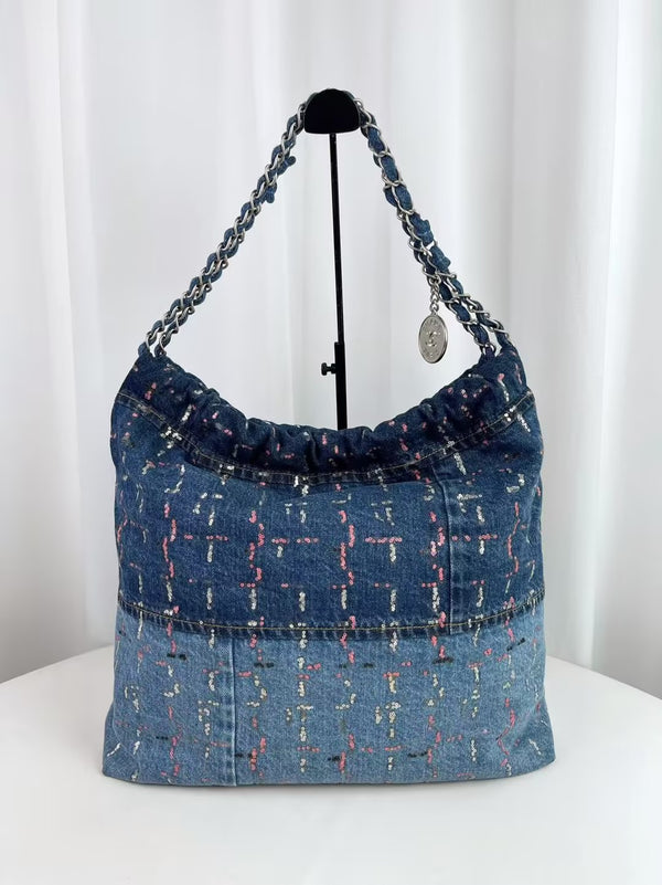 CHANEL 22 Chain Hobo Quilted Denim Medium