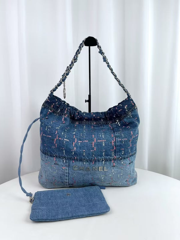 CHANEL 22 Chain Hobo Quilted Denim Medium